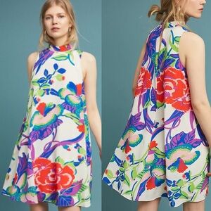 Anthropologie Maeve Ria 100% Silk Floral Swing Dress party wedding spring   L4